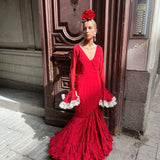 Vestido lunares rojo y beige con encaje / DHER Collection